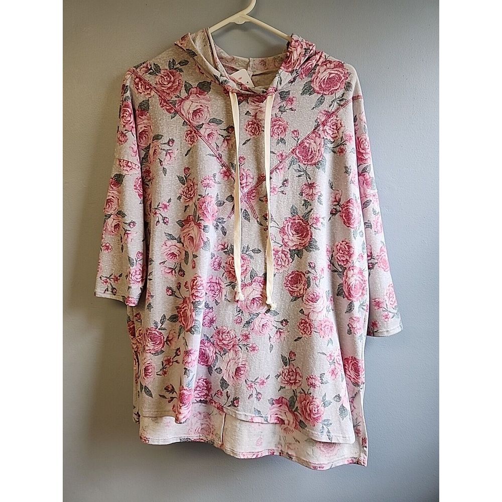 HoneyMe Women's Top S Hoodie Roses Gray Pink Soft Stretch Lightweight 3/4 Sleeve